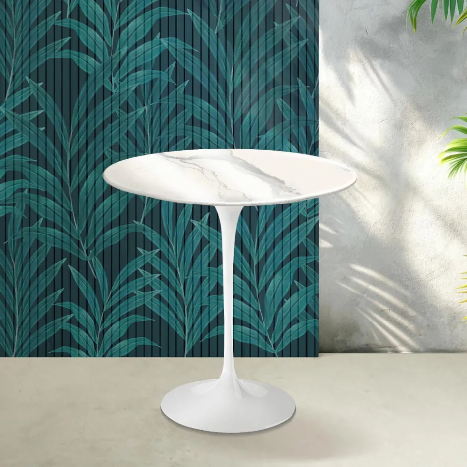 Stolik kawowy Saarinen Tulip H 52 cm z błyszczącej ceramiki Statuario Florim w kolorze szkarłatnym Viadurini