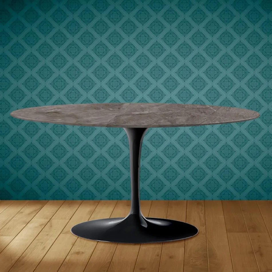 Owalny stolik kawowy Tulip Saarinen H 41 z ceramiki Kira Made in Italy - Scarlet Viadurini