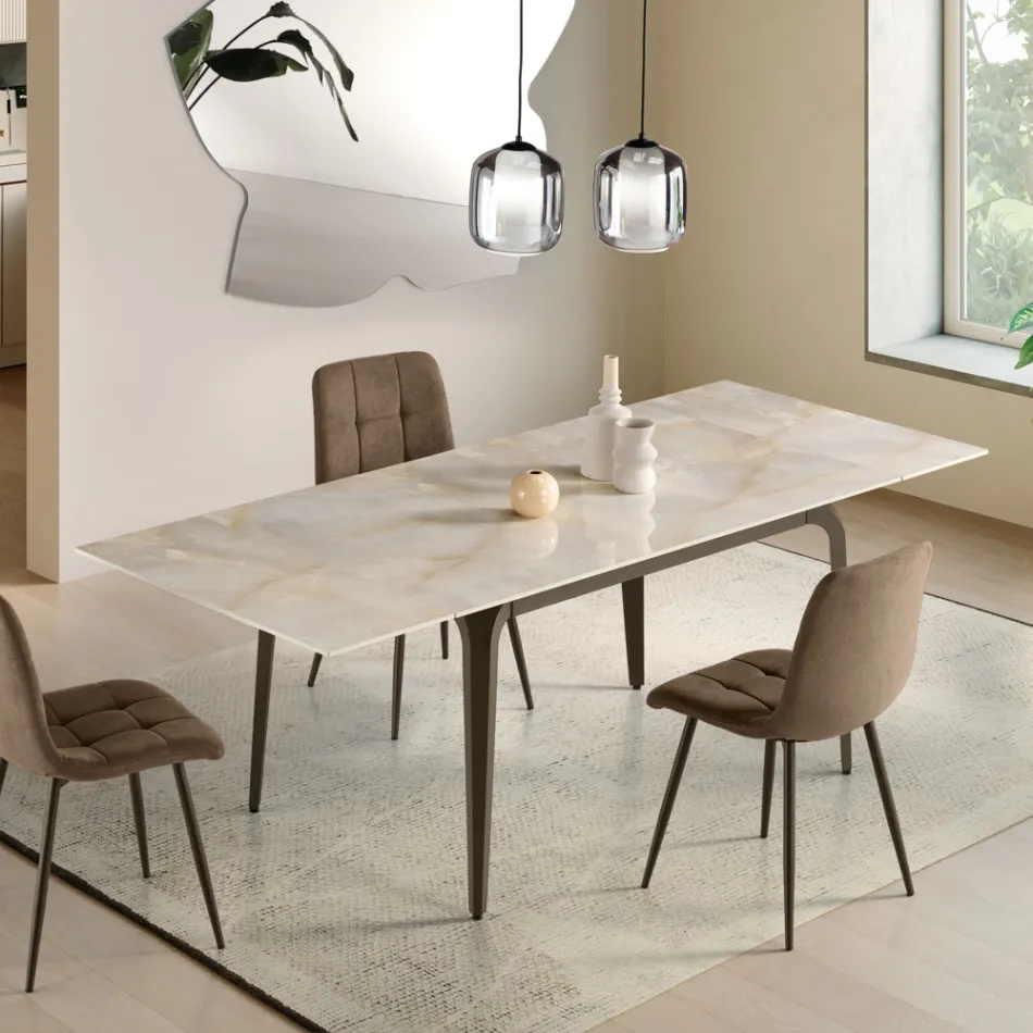 Rozkładany stół 160/240x90 cm z kamienia spiekanego z efektem marmuru - Samus Viadurini