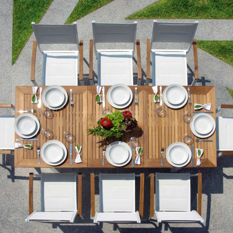 Rozkładany stół motylkowy do 210 cm z aluminium i blatem z drewna tekowego - Incanto Viadurini