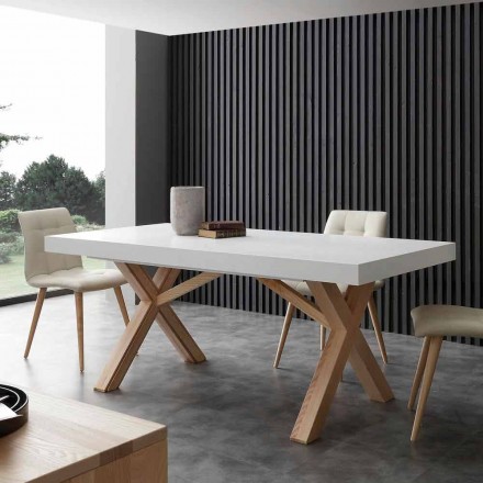 Stół rozkładany w kolorze białym z ramą z naturalnego litego drewna Rico Viadurini