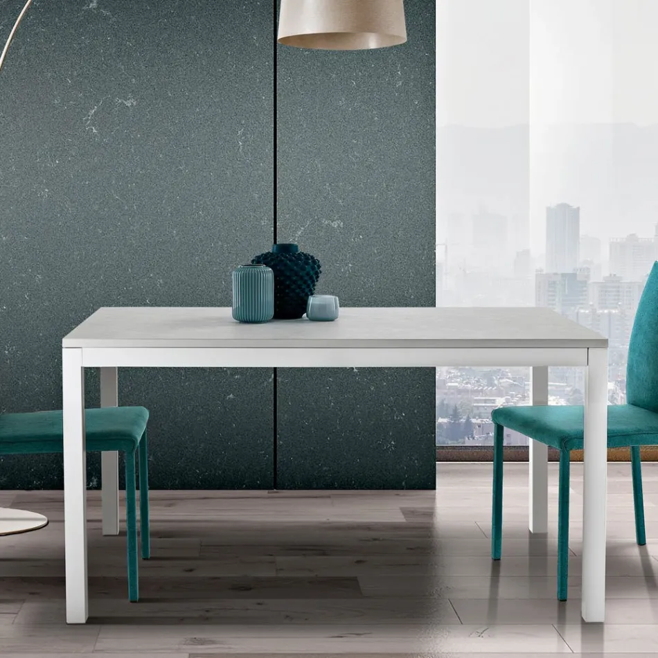 Rozkładany stół z białymi metalowymi nogami i blatem z melaminy - Shaila Viadurini