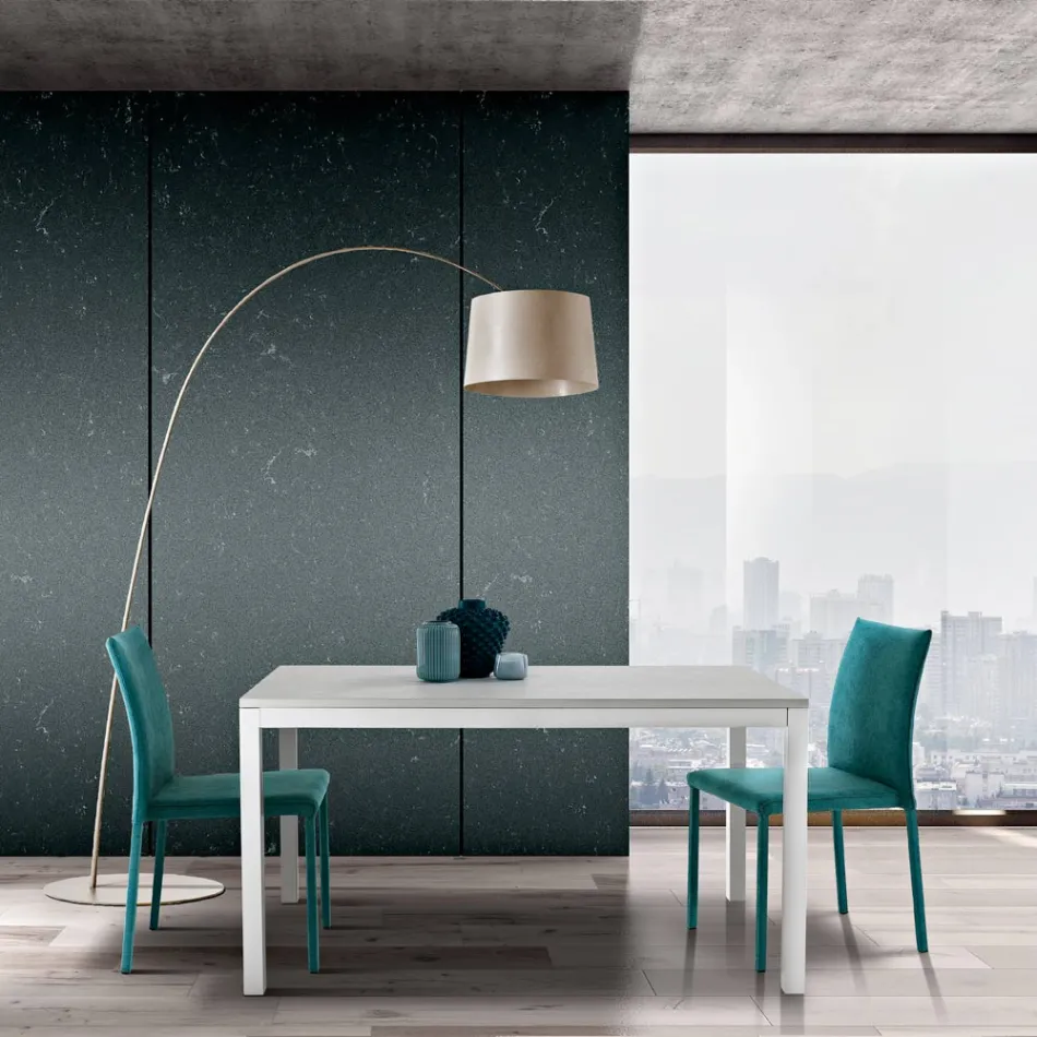 Rozkładany stół z białymi metalowymi nogami i blatem z melaminy - Shaila Viadurini