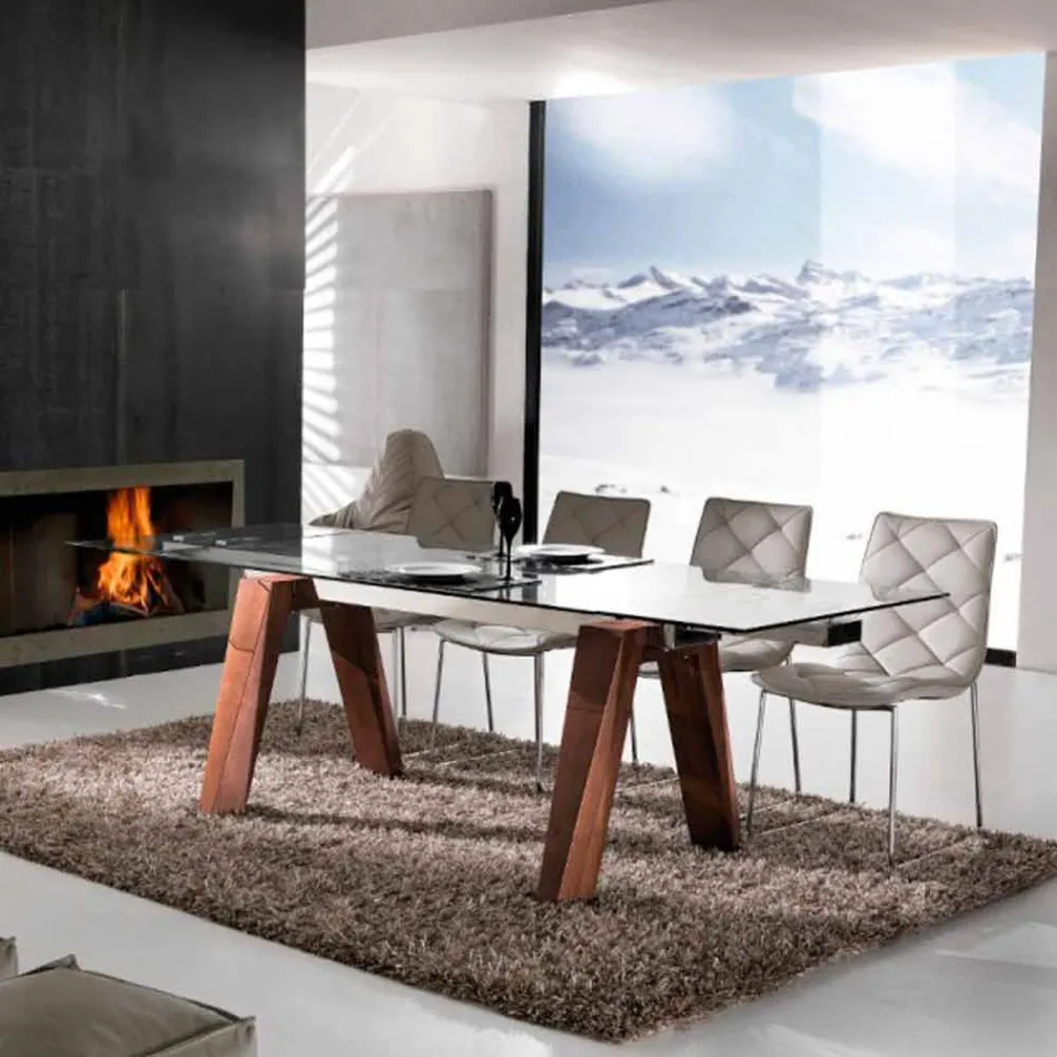 Rozkładany stół z litego drewna i hartowanego szkła Chad Viadurini