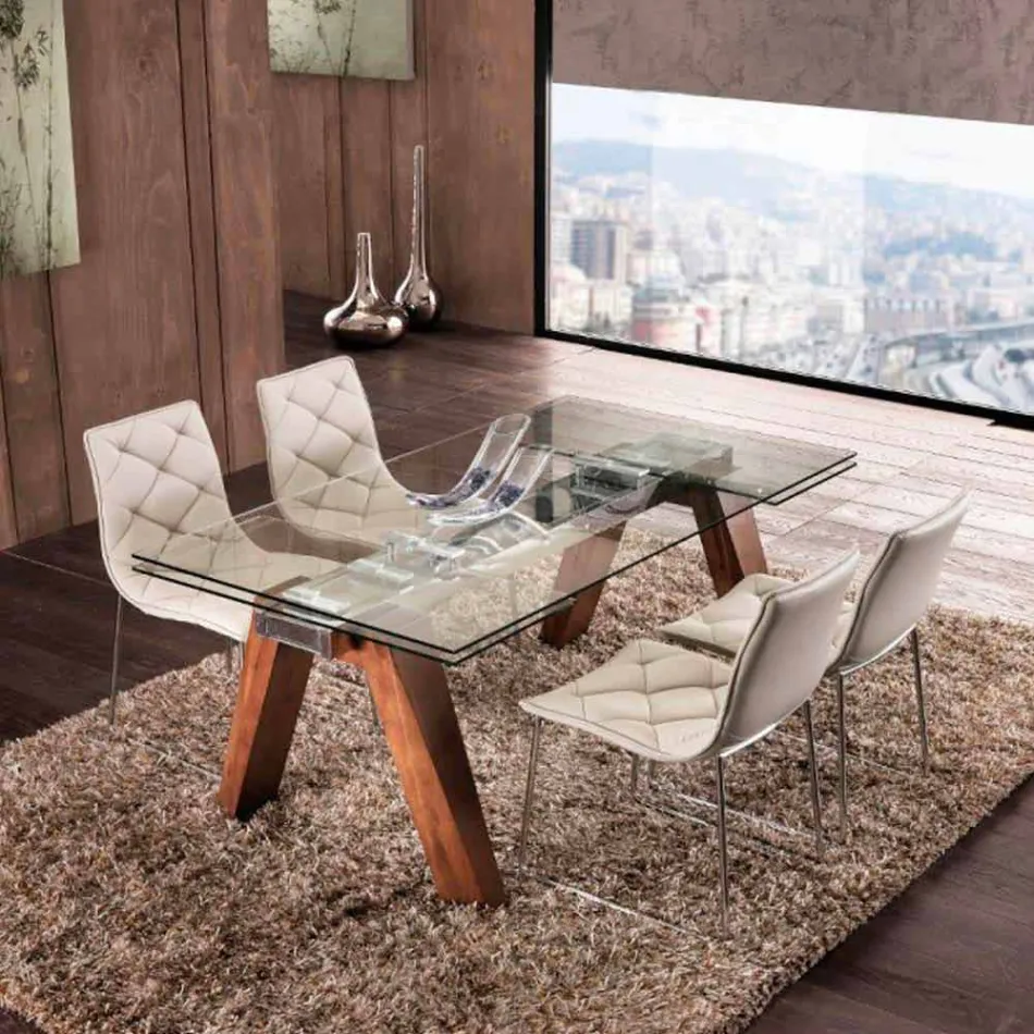 Rozkładany stół z litego drewna i hartowanego szkła Chad Viadurini