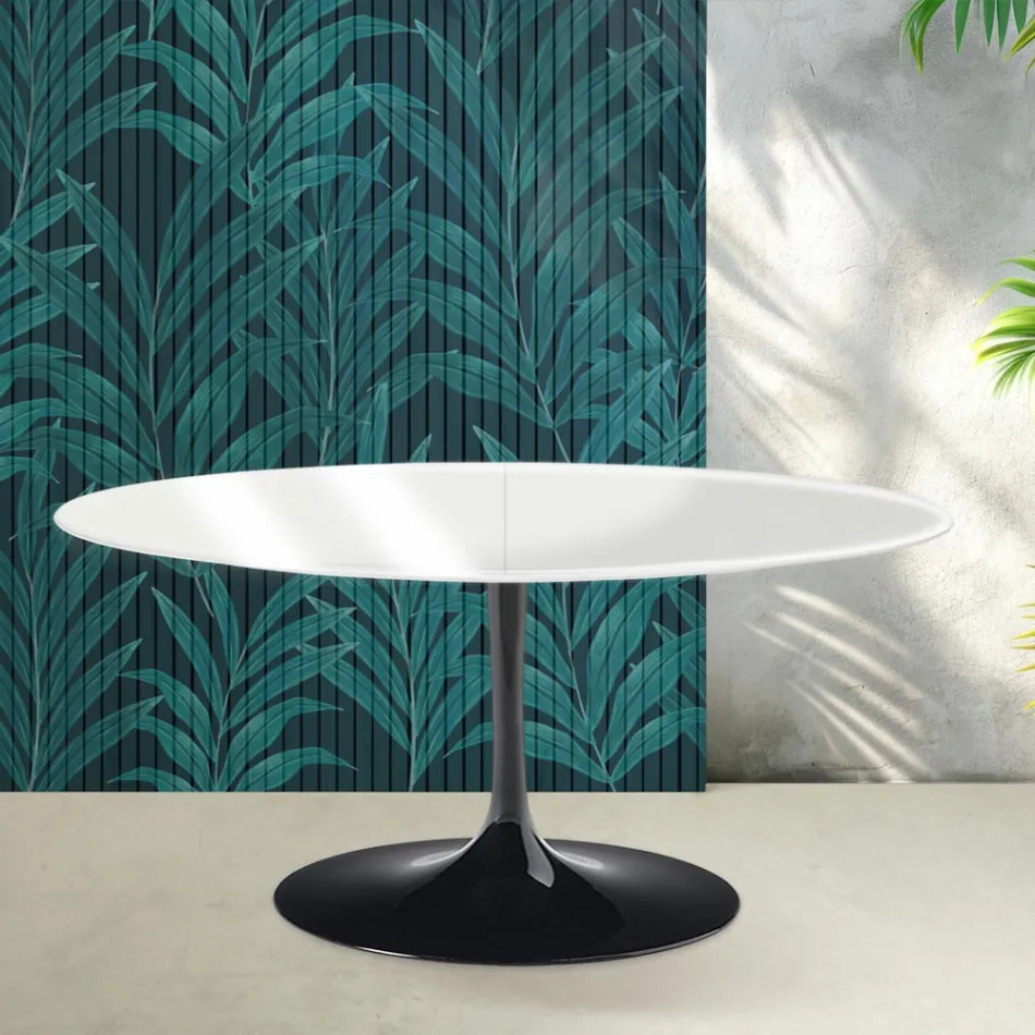 Stół rozkładany Saarinen Tulip H 74 cm w połyskującej białej ceramice Florim - Scarlet Viadurini