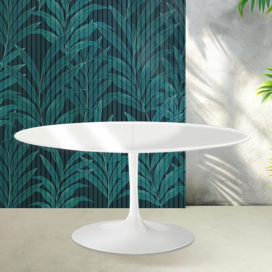 Stół rozkładany Saarinen Tulip H 74 cm w połyskującej białej ceramice Florim - Scarlet Viadurini