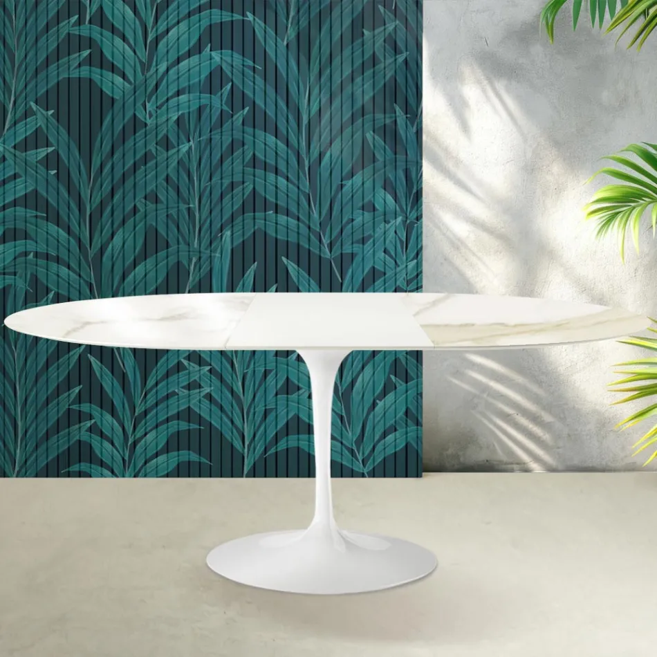 Stół rozkładany Saarinen Tulip H 74 cm z ceramiki Florim Calacatta Gold Gloss w kolorze szkarłatnym Viadurini