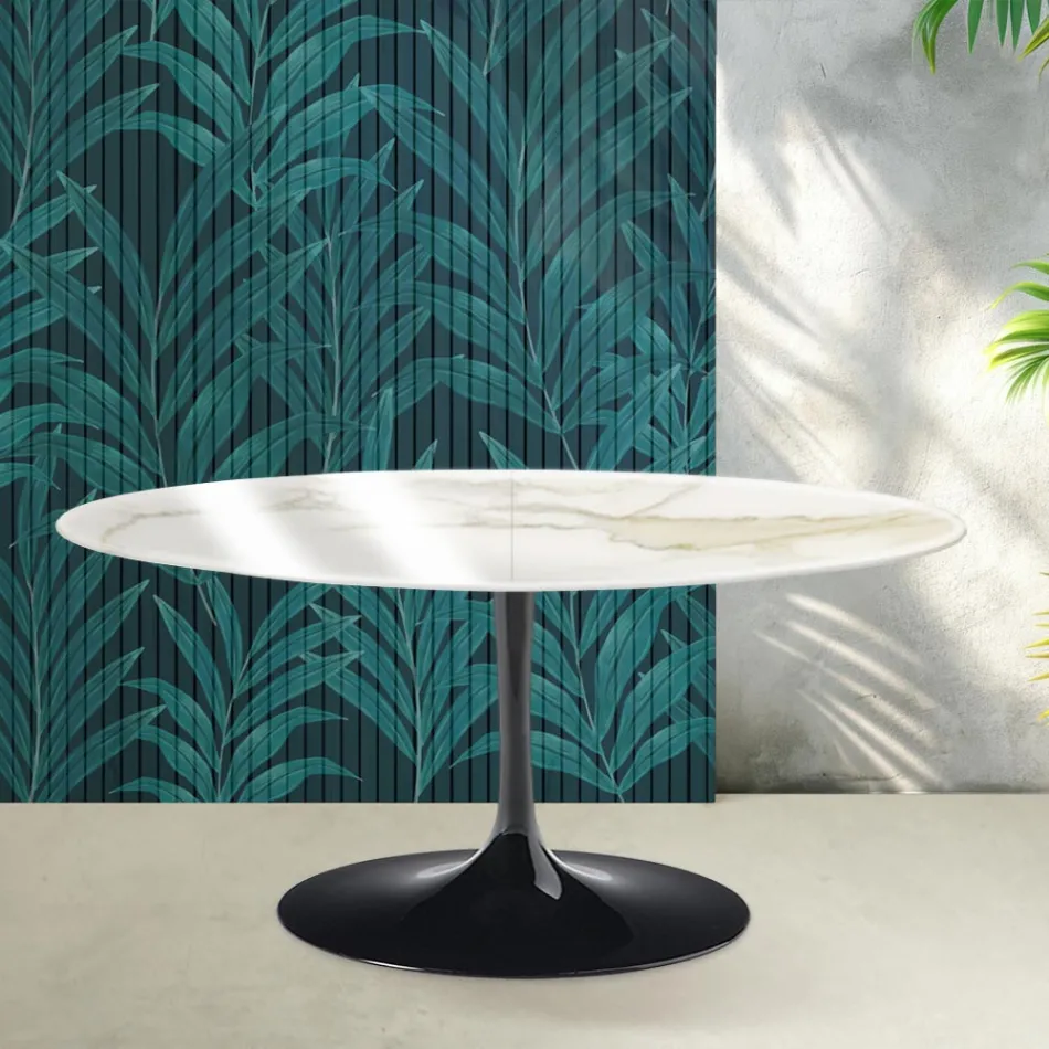 Stół rozkładany Saarinen Tulip H 74 cm z ceramiki Florim Calacatta Gold Gloss w kolorze szkarłatnym Viadurini