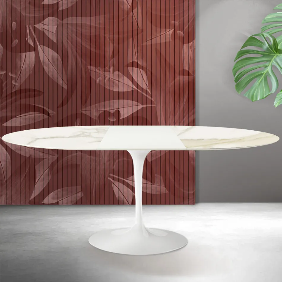 Stół rozkładany Saarinen Tulip H 74 cm w kolorze Florim Calacatta Gold Matt Ceramic - Scarlet Viadurini