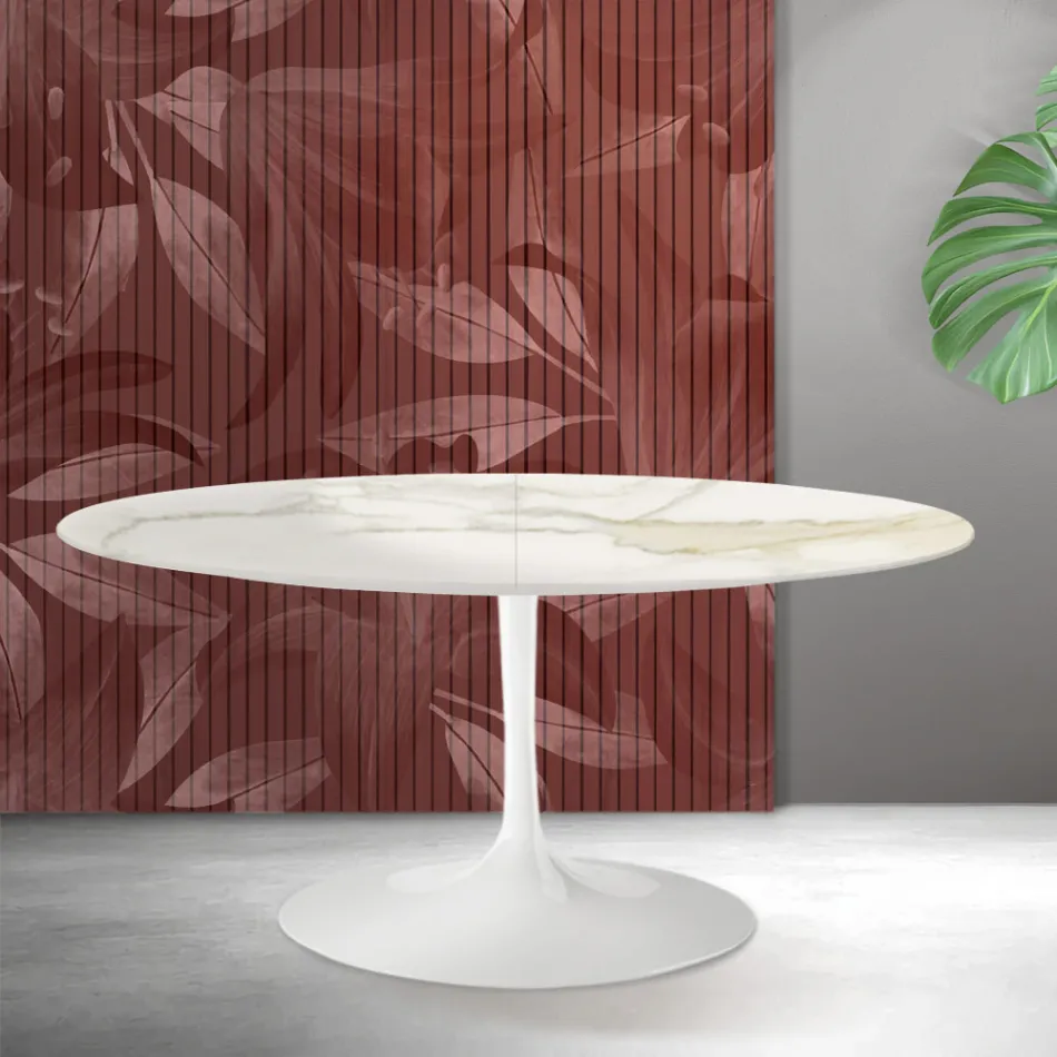 Stół rozkładany Saarinen Tulip H 74 cm w kolorze Florim Calacatta Gold Matt Ceramic - Scarlet Viadurini