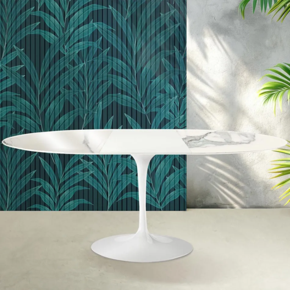 Stół rozkładany Saarinen Tulip H 74 cm z błyszczącej ceramiki Statuario Florim w kolorze szkarłatnym Viadurini