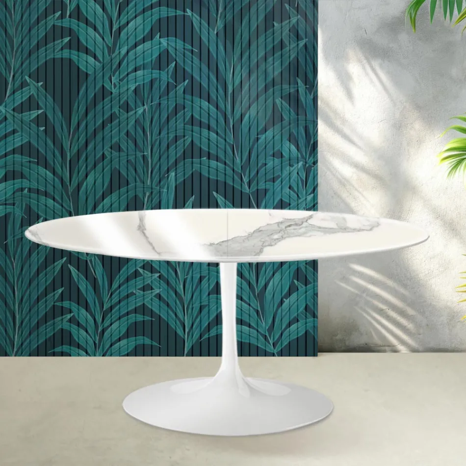 Stół rozkładany Saarinen Tulip H 74 cm z błyszczącej ceramiki Statuario Florim w kolorze szkarłatnym Viadurini
