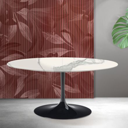 Stół rozkładany Saarinen Tulip H 74 cm z matowej ceramiki Florim Statuario w kolorze szkarłatnym Viadurini