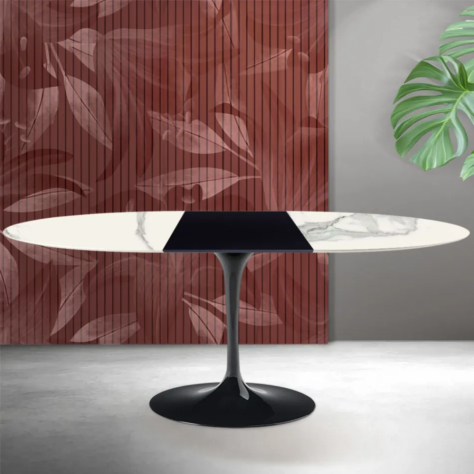 Stół rozkładany Saarinen Tulip H 74 cm z matowej ceramiki Florim Statuario w kolorze szkarłatnym Viadurini