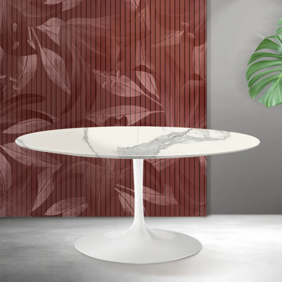 Stół rozkładany Saarinen Tulip H 74 cm z matowej ceramiki Florim Statuario w kolorze szkarłatnym Viadurini