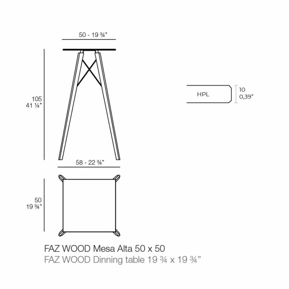 Kwadratowy wysoki stolik barowy z drewna i HPL, 4 sztuki - Faz Wood firmy Vondom Viadurini