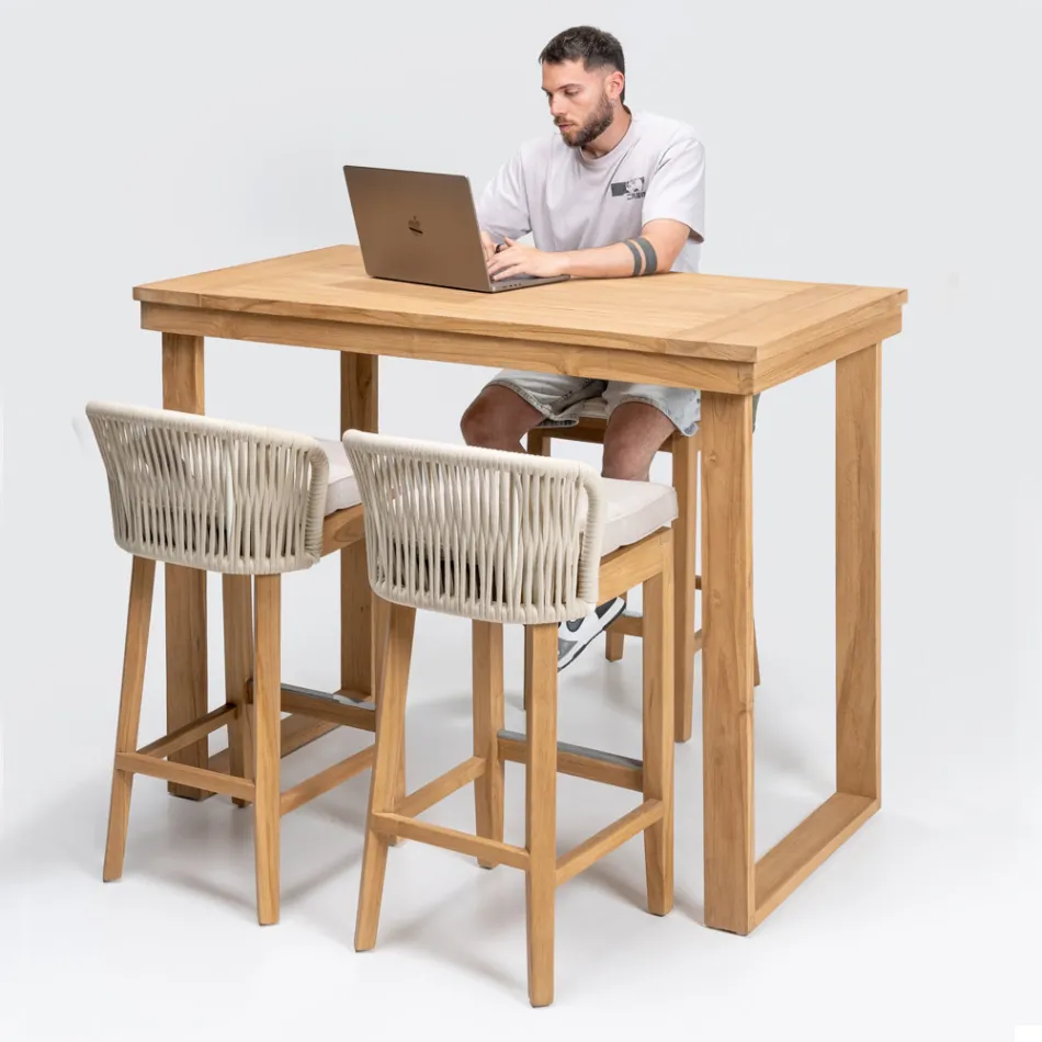 Wysoki stolik barowy ze szczotkowanego naturalnego drewna tekowego - Sponda Viadurini