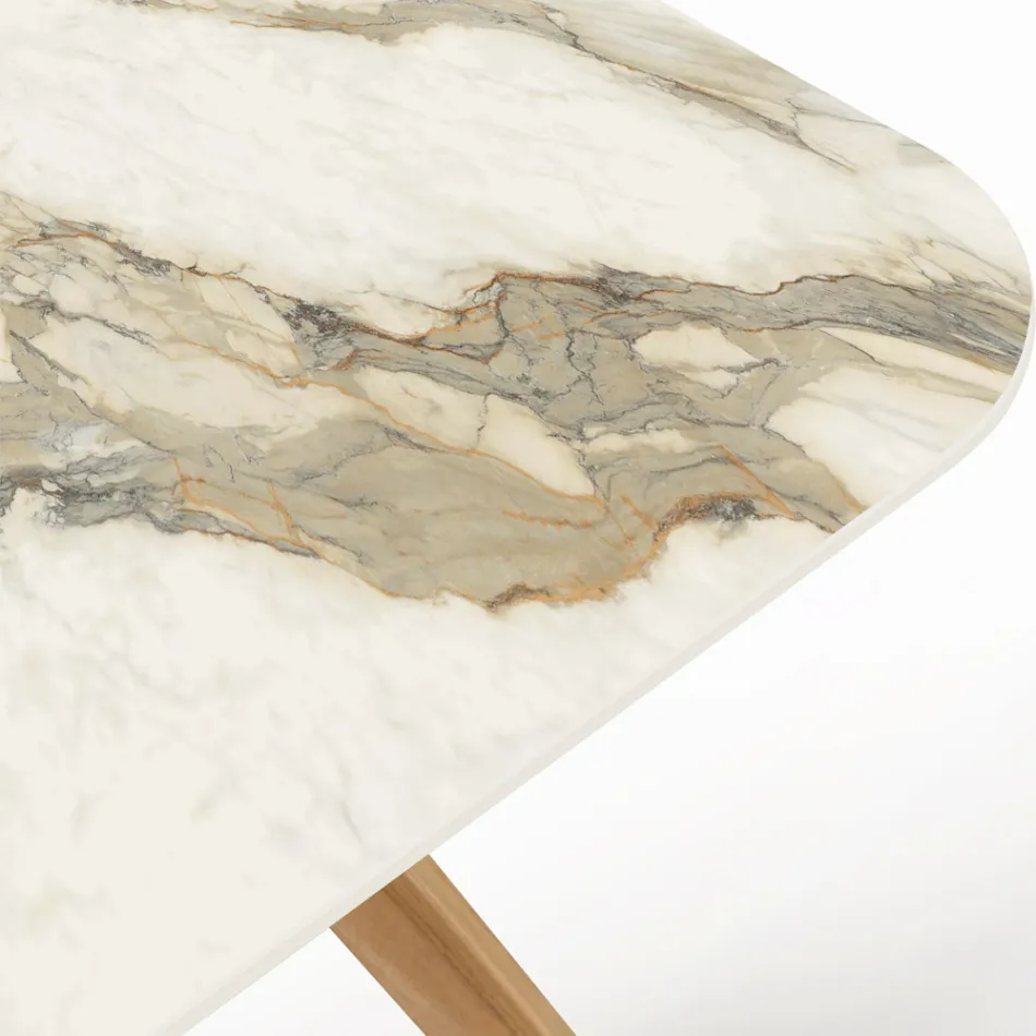 Stół z drewnianą podstawą i ceramicznym blatem Calacatta Hermitage - Infinity Viadurini