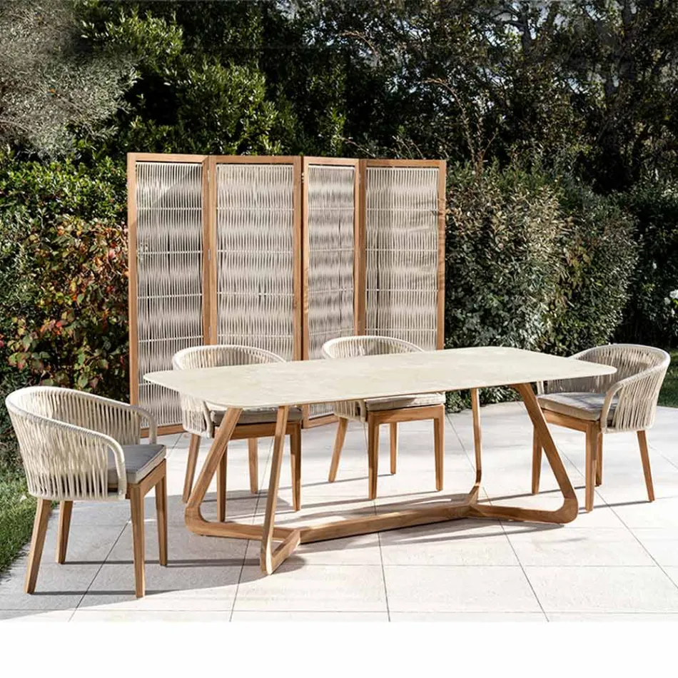 Stół z drewnianą podstawą i ceramicznym blatem Chianca od Ostuni - Infinity Viadurini