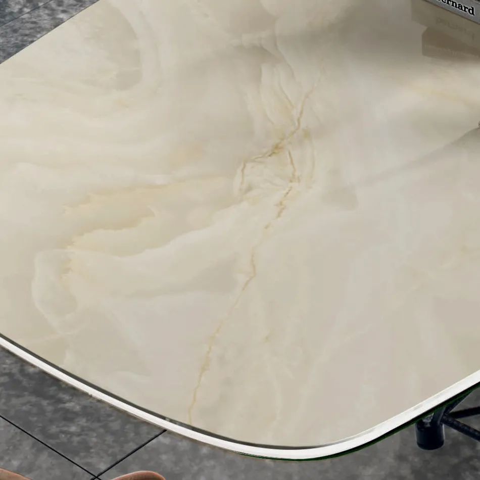 Stół z ceramicznym blatem w kształcie beczki i stalową podstawą Made in Italy - Ezzellino Viadurini