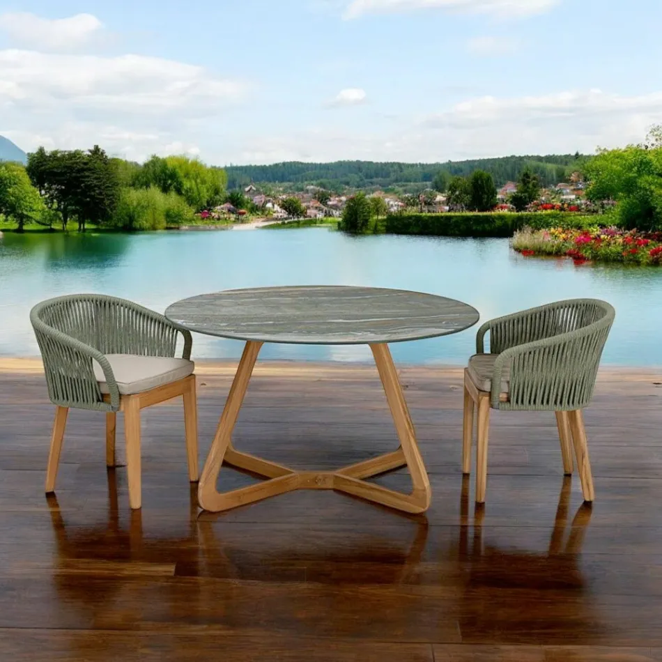 Stół z ceramicznym blatem i podstawą z drewna tekowego Made in Italy - Kask Viadurini