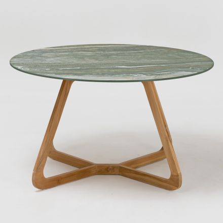 Stół z ceramicznym blatem i podstawą z drewna tekowego Made in Italy - Kask Viadurini