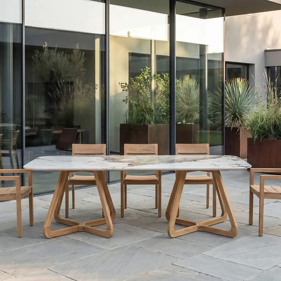 Stół z ceramicznym blatem i solidną podstawą z drewna tekowego Made in Italy - bluzka Viadurini