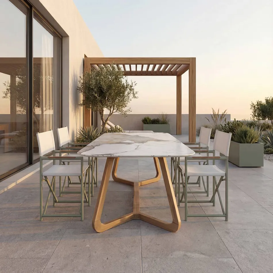 Stół z ceramicznym blatem i solidną podstawą z drewna tekowego Made in Italy - bluzka Viadurini