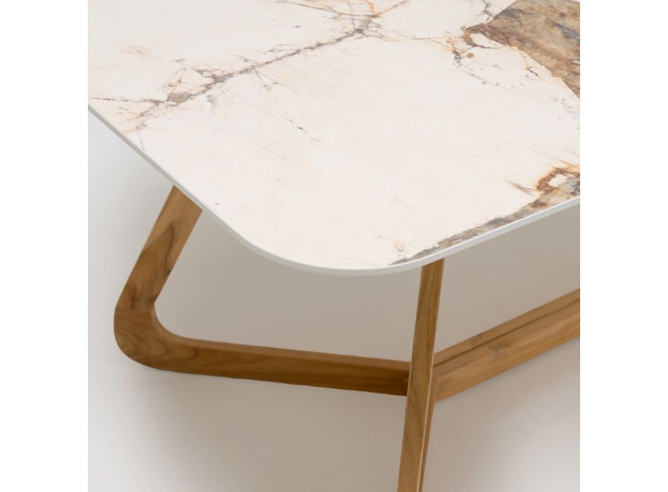 Stół z ceramicznym blatem i solidną podstawą z drewna tekowego Made in Italy - bluzka Viadurini