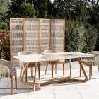 Stół z ceramicznym blatem i solidną podstawą z drewna tekowego Made in Italy - bluzka Viadurini