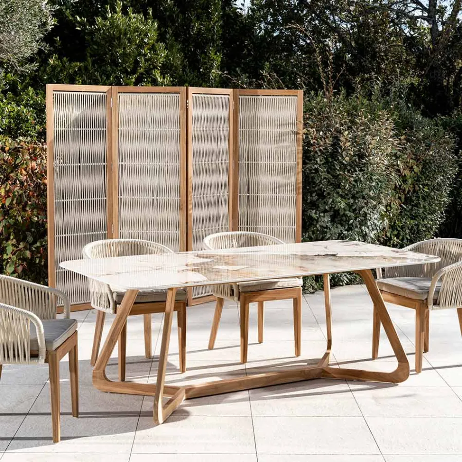 Stół z ceramicznym blatem i solidną podstawą z drewna tekowego Made in Italy - bluzka Viadurini