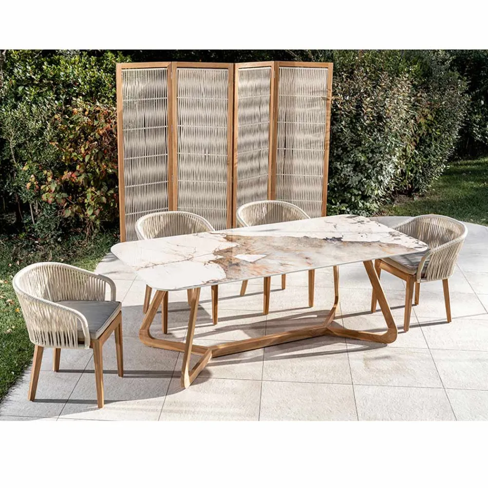 Stół z ceramicznym blatem i solidną podstawą z drewna tekowego Made in Italy - bluzka Viadurini