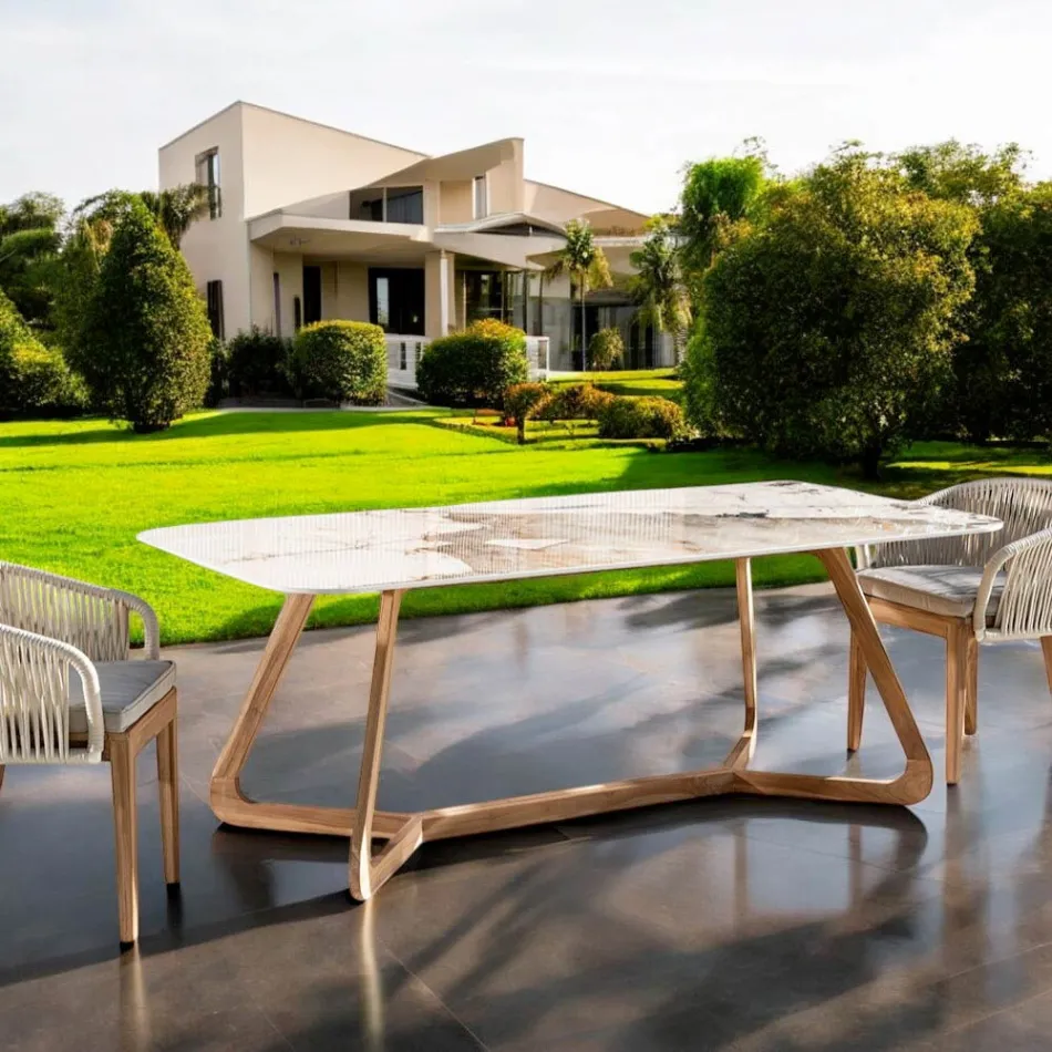 Stół z ceramicznym blatem i solidną podstawą z drewna tekowego Made in Italy - bluzka Viadurini