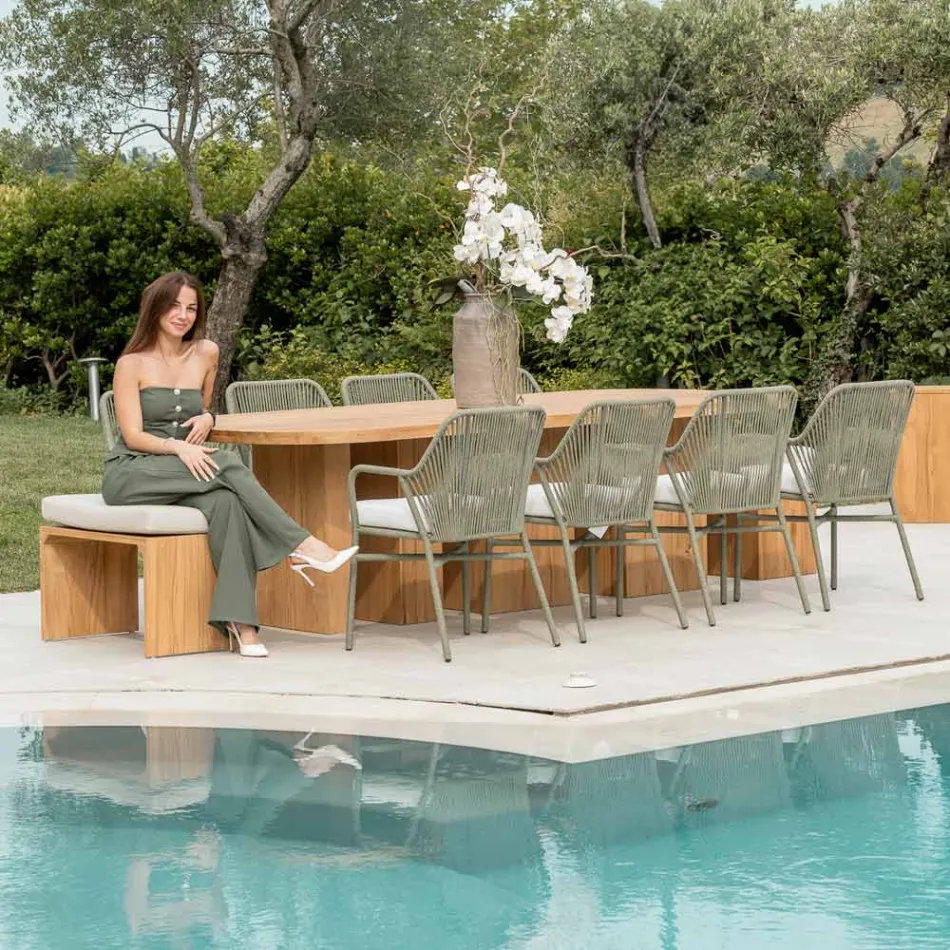 Stół z blatem z szczotkowanego drewna tekowego i zaokrąglonymi narożnikami - Destination Viadurini