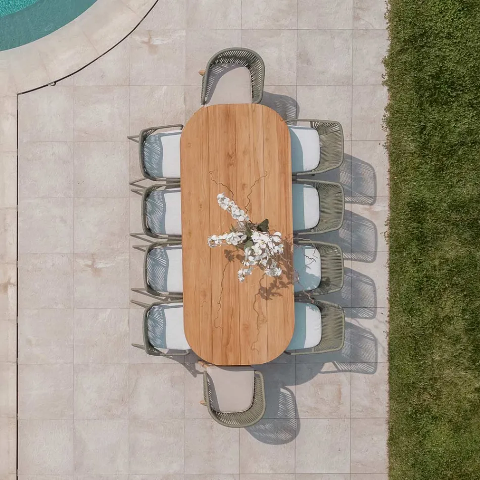 Stół z blatem z szczotkowanego drewna tekowego i zaokrąglonymi narożnikami - Destination Viadurini