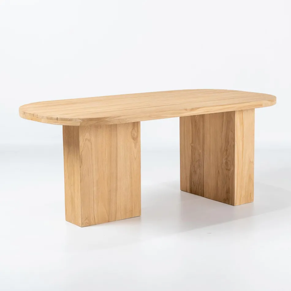 Stół z blatem z szczotkowanego drewna tekowego i zaokrąglonymi narożnikami - Destination Viadurini