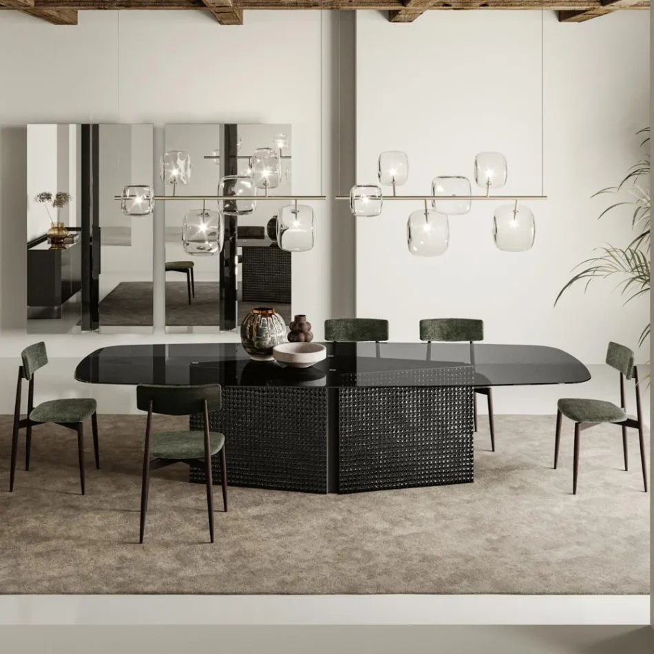 Stół z kształtowanym szklanym blatem i podstawą ze szkła topionego i metalu - Foglietto Viadurini