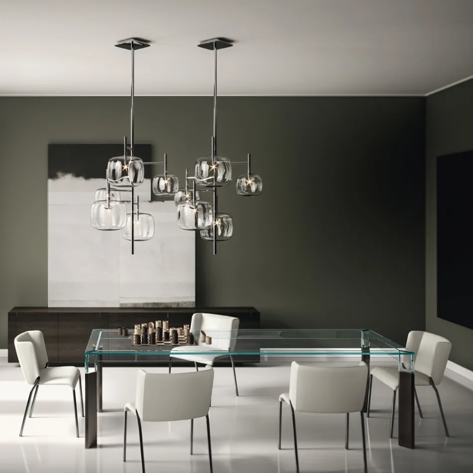 Stół kuchenny z bardzo przezroczystego szkła z drewnianymi nogami Made in Italy - Super Viadurini