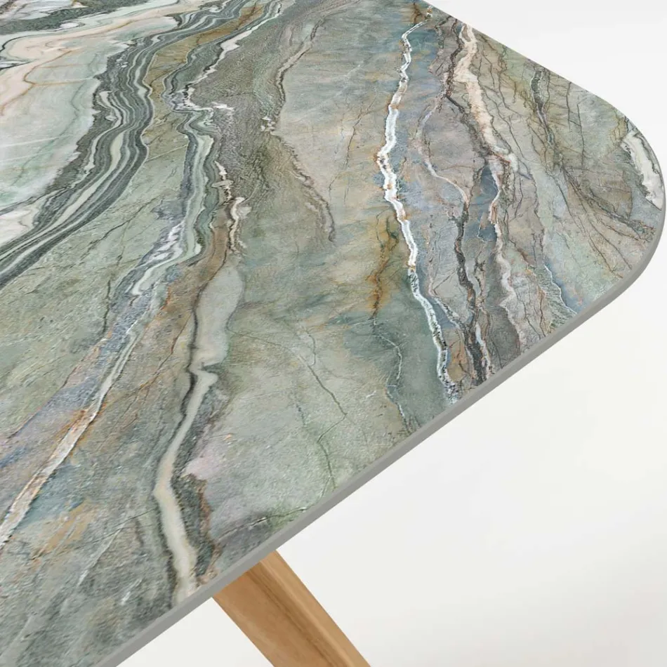 Stół ogrodowy z drewnianą podstawą i ceramicznym blatem Royal Peacock - Infinity Viadurini