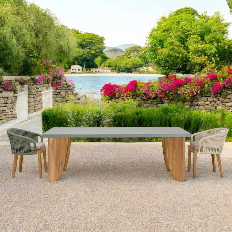 Stół zewnętrzny z mikrocementu Okumè i wykończeniem z drewna tekowego Made in Italy - ołówek Viadurini