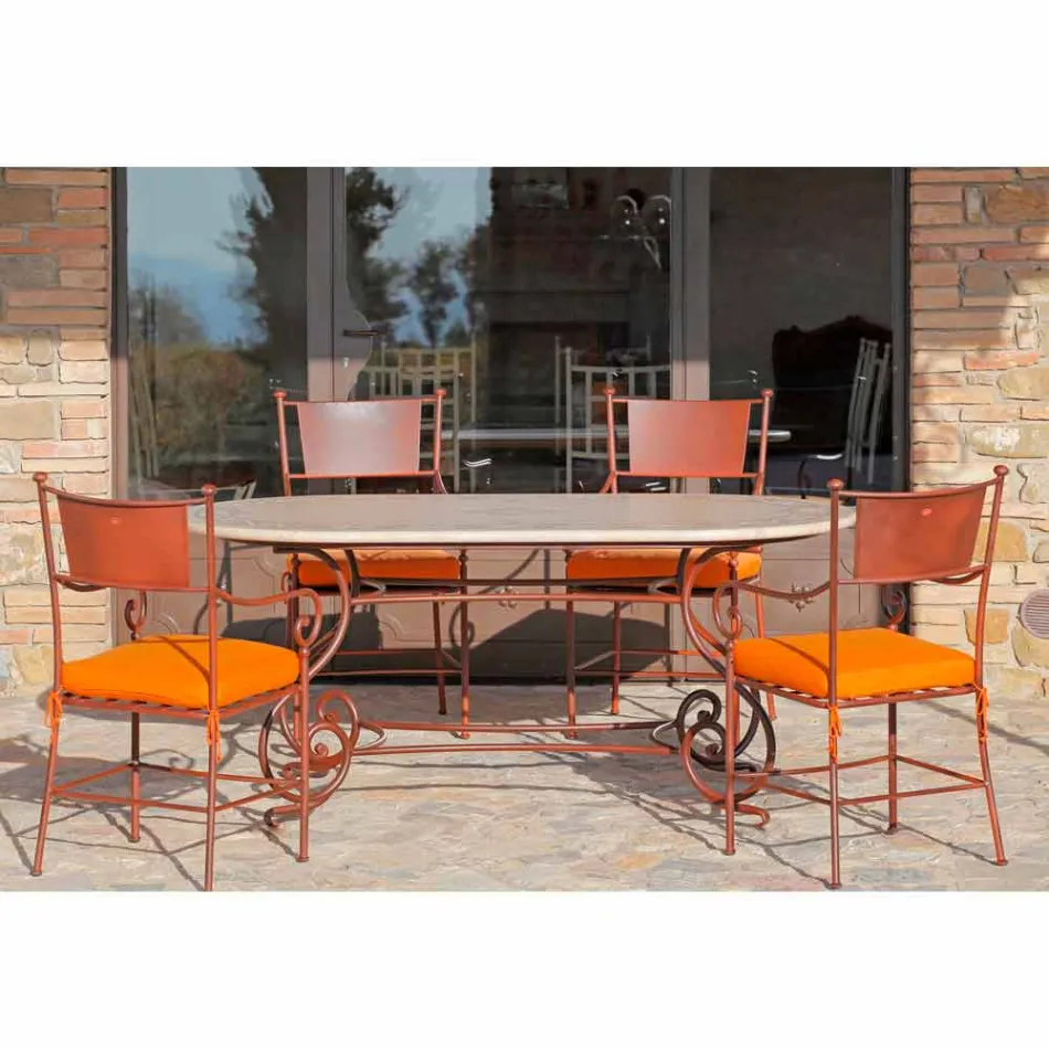 Trawertynowy stół ogrodowy z wstawkami mozaikowymi Made in Italy - Elegant Viadurini