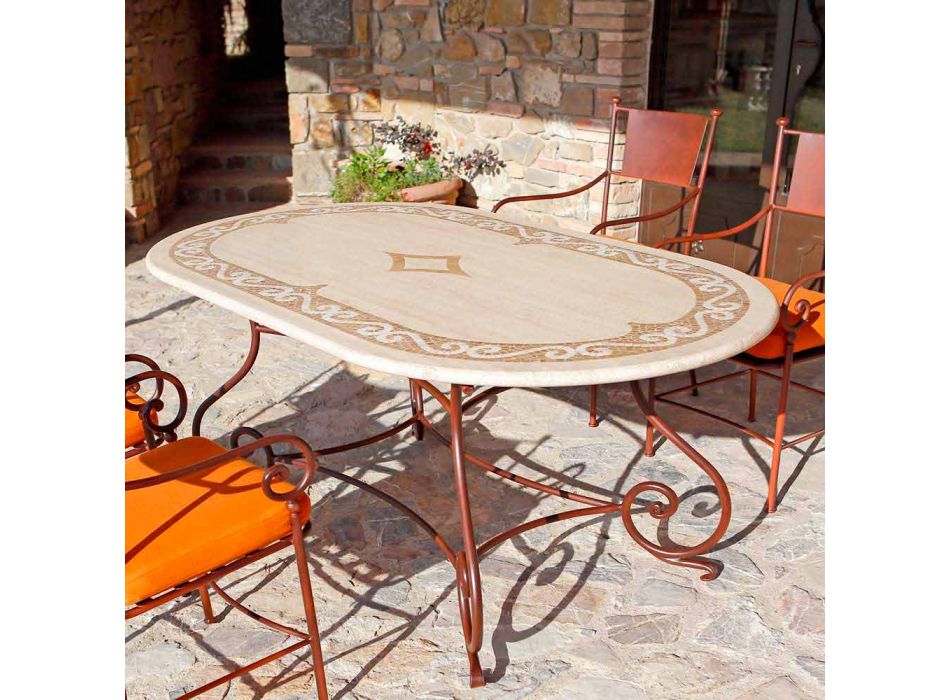 Trawertynowy stół ogrodowy z wstawkami mozaikowymi Made in Italy - Elegant Viadurini