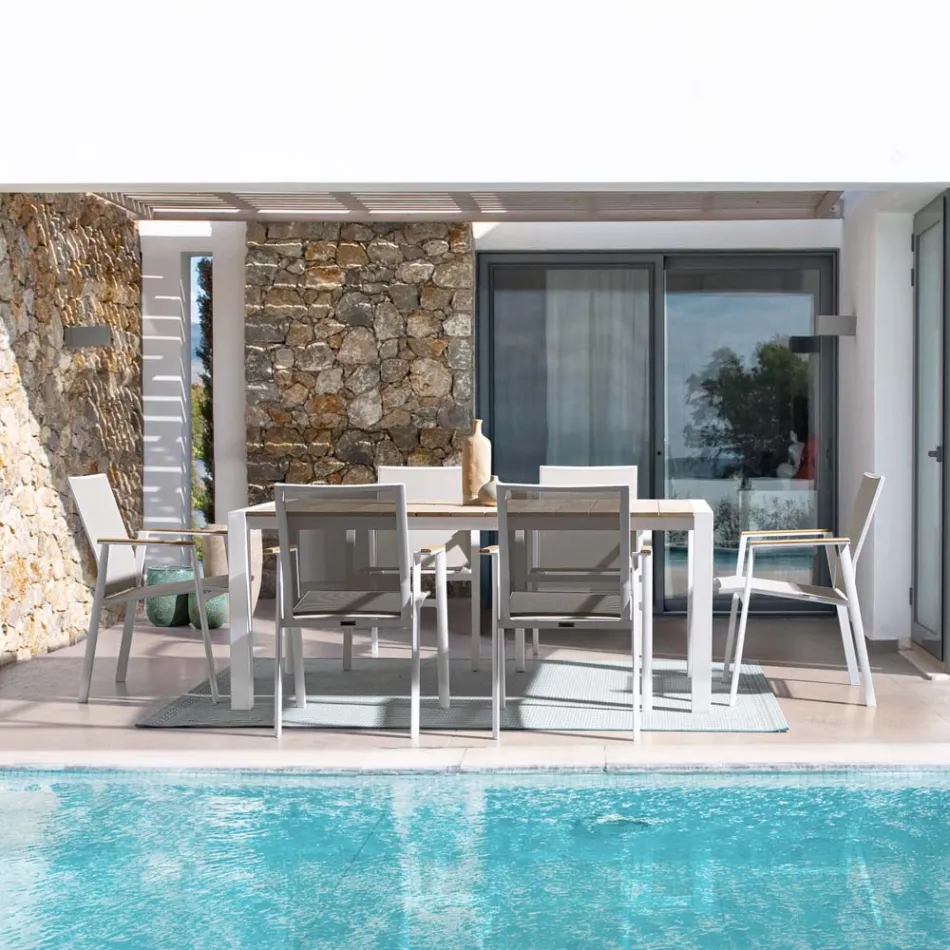 Stół ogrodowy 180x90 cm z aluminiową podstawą i blatem z drewna tekowego - średni Viadurini