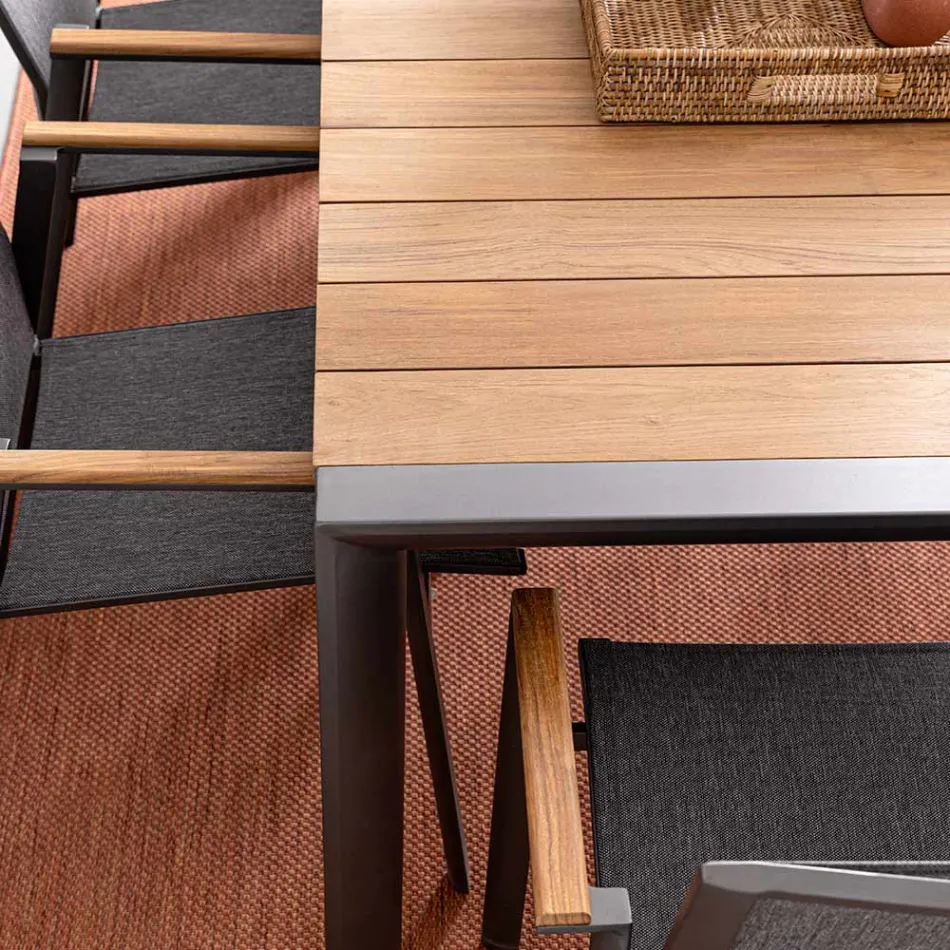 Stół ogrodowy 180x90 cm z aluminiową podstawą i blatem z drewna tekowego - średni Viadurini