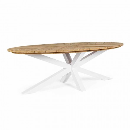 Stół ogrodowy z blatem z drewna tekowego i aluminiową podstawą, Homemotion - Leotto Viadurini