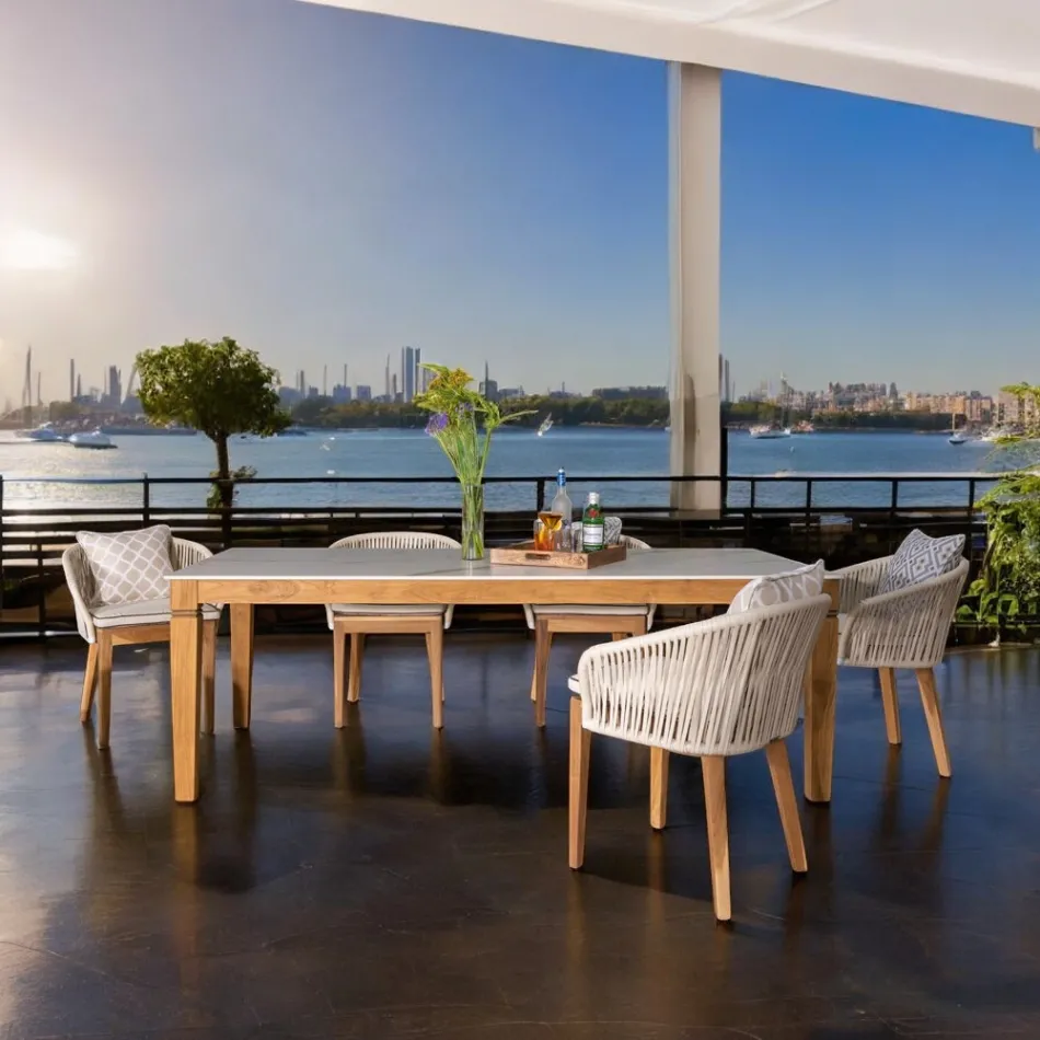 Stół ogrodowy z naturalnego drewna tekowego i ceramicznego blatu - Artes Viadurini