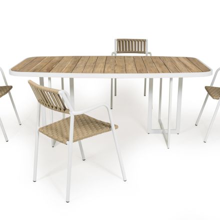 Półowalny stół ogrodowy z aluminium i drewna tekowego - Eugene Viadurini