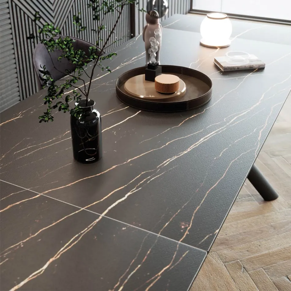 Rozkładany stół jadalny (200/230 cm) ze szkła ceramicznego i metalu - Naisha Viadurini
