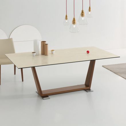 Stół rozkładany do 3 m na ceramicznych i drewnianych nogach - Cesteo Viadurini